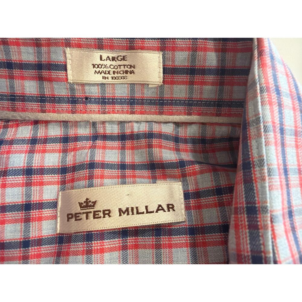 Peter Millar Crown Sport Shirt Men L Blue Plaid Short Sleeve Button 100% Cotton